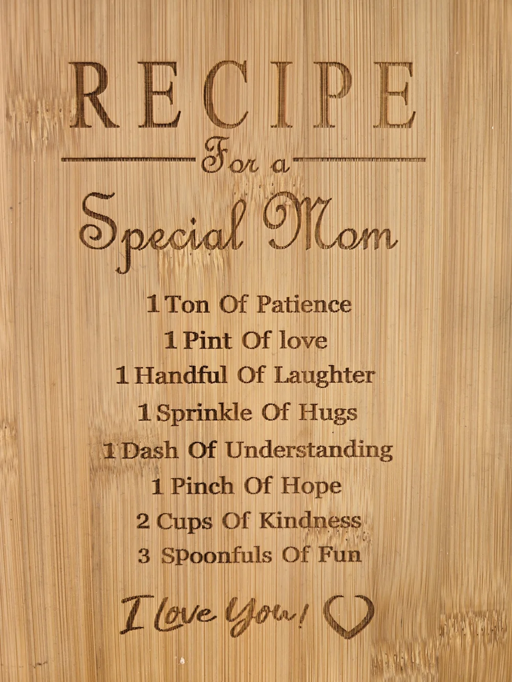 Recipe For a Special Mom Mothers Day Gift Cutting Board Engraved Bamboo Wood